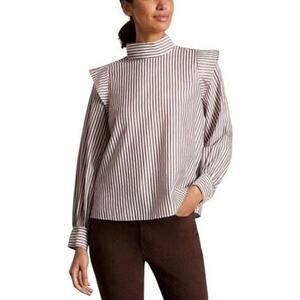 NWT Everlane Striped Top Wing Shoulder Bishop Sleeve Brown White Womens Size 8